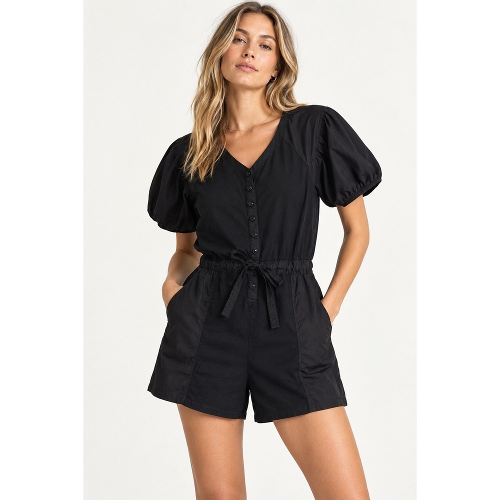 Nation LTD Women Black Cotton Puff Sleeve Button Front Romper Size L 7032JJR